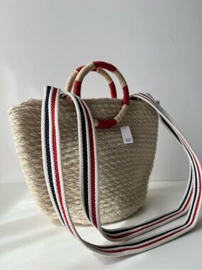 GAP Straw Tote with Red-Trim Handles and Striped Strap